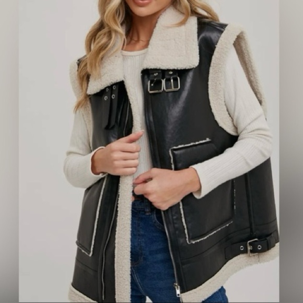 Sherpa Black Leather Vest Oversized